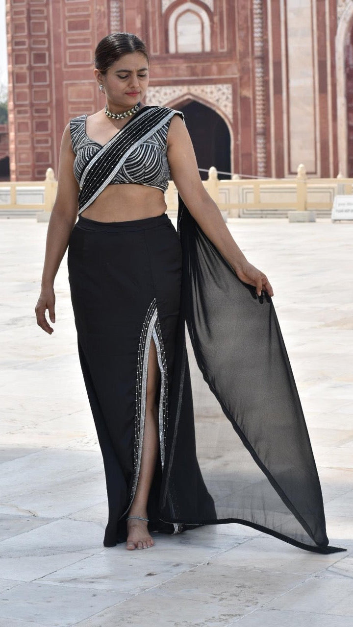 Black & Silver Readymade Saree
