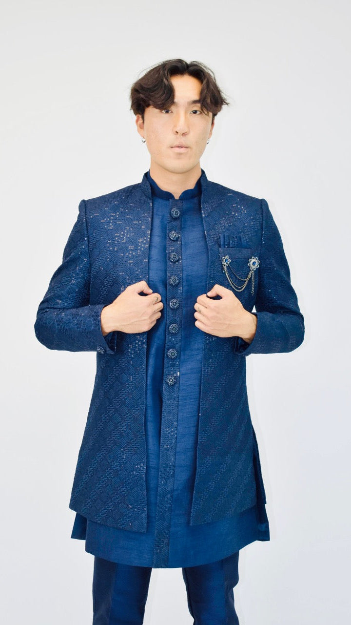 Blue Silk Blend Sherwani Set