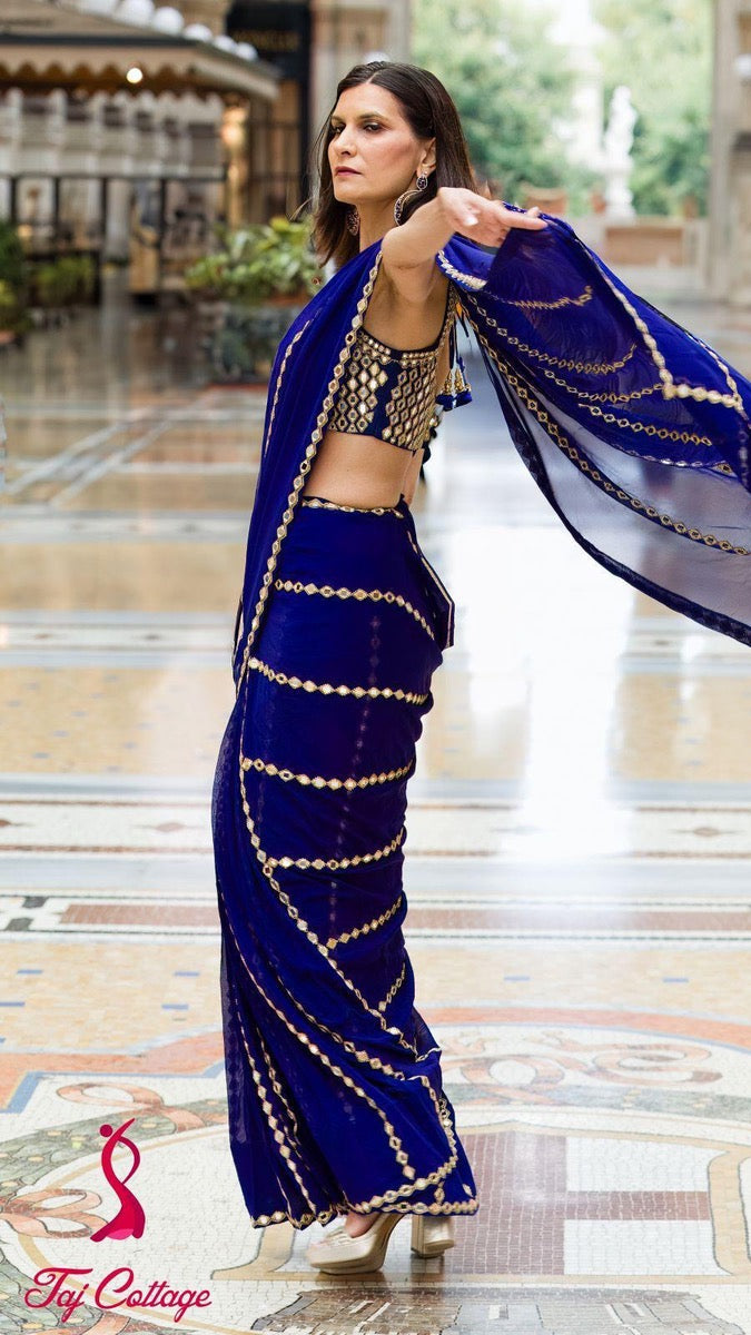 Blue & Gold Mirror Ready-made Saree