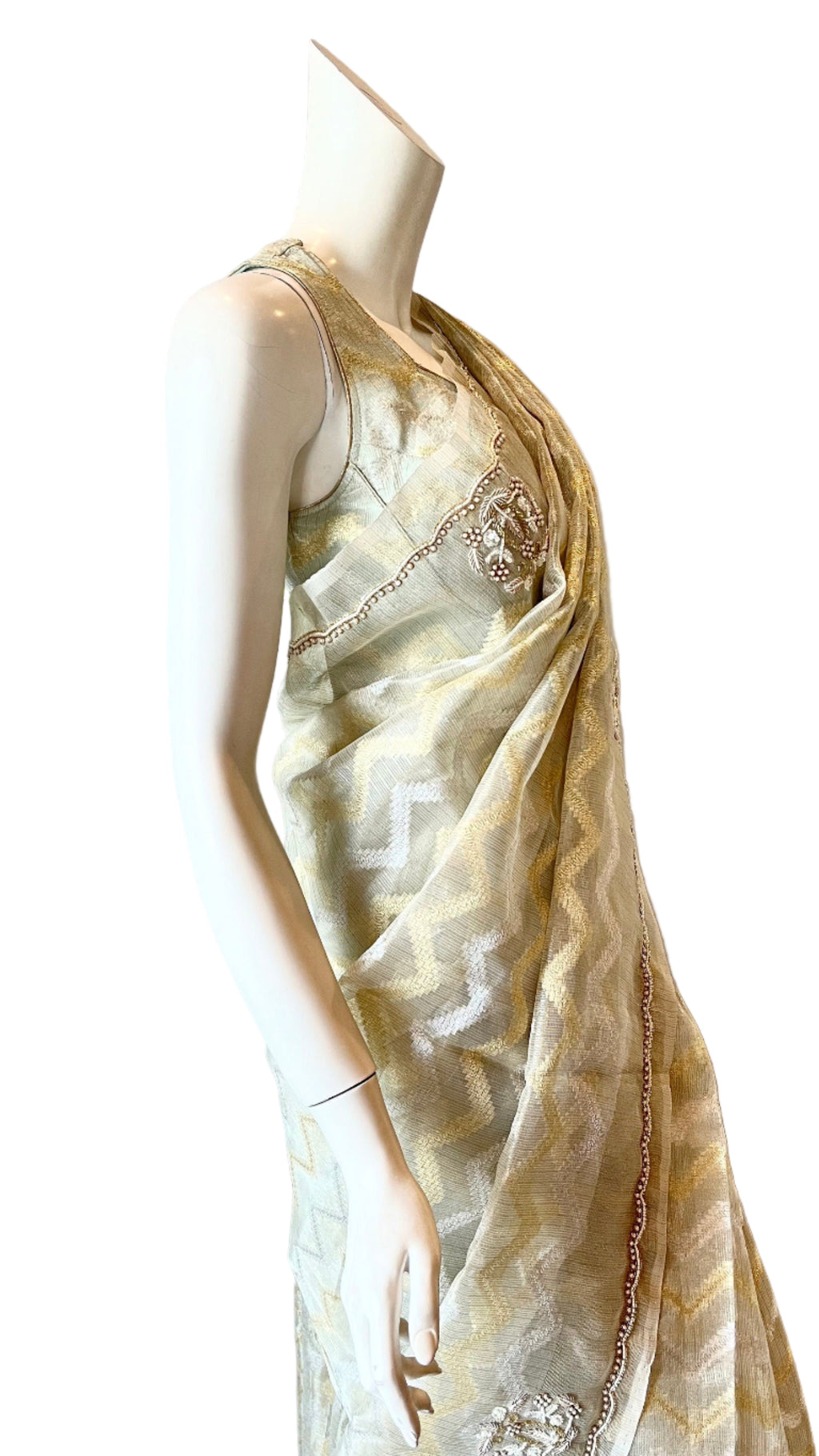 Grey and Gold Color Tissue Silk Saree