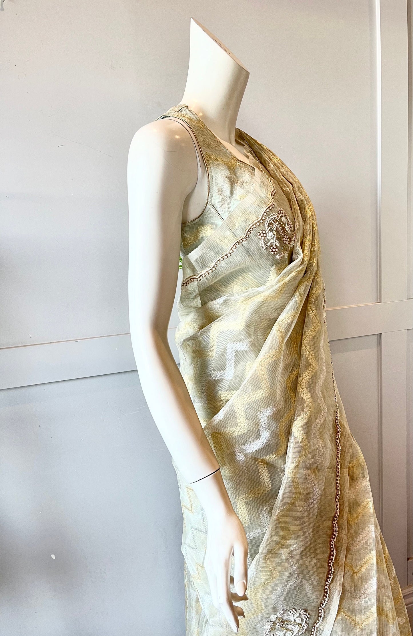 Grey and Gold Color Tissue Silk Saree
