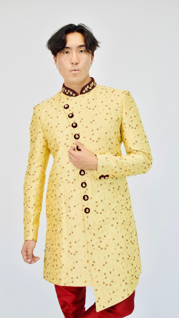 Gold & Maroon Beaded Sherwani Set