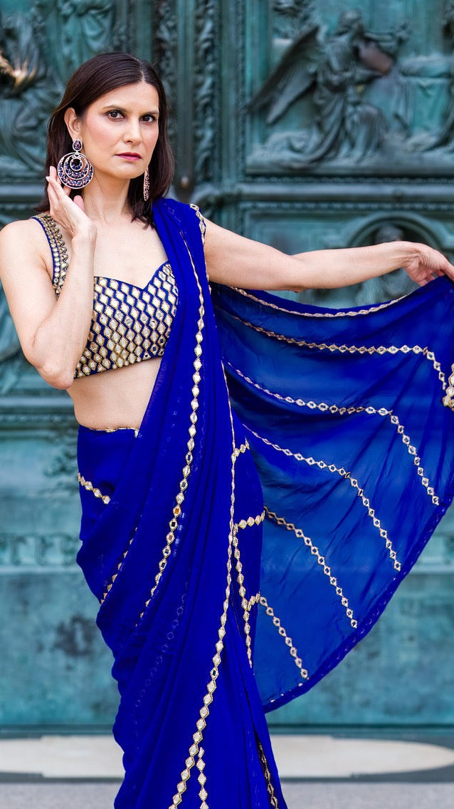 Blue & Gold Mirror Ready-made Saree