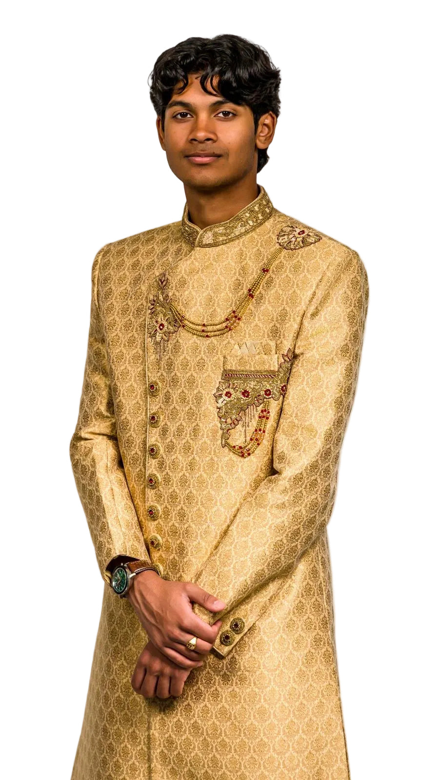 Gold &amp; Maroon Color Sherwani Set