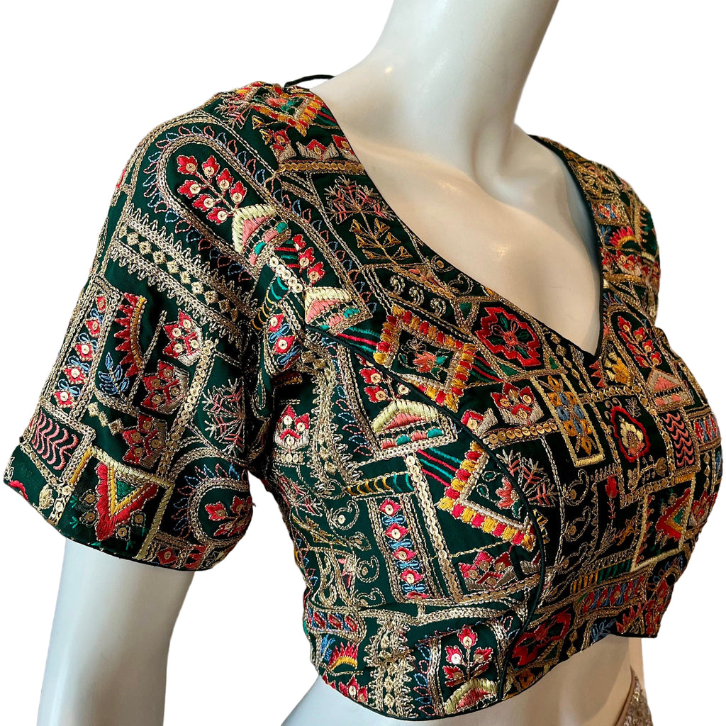 Green Embroidered Blouse with Tassels