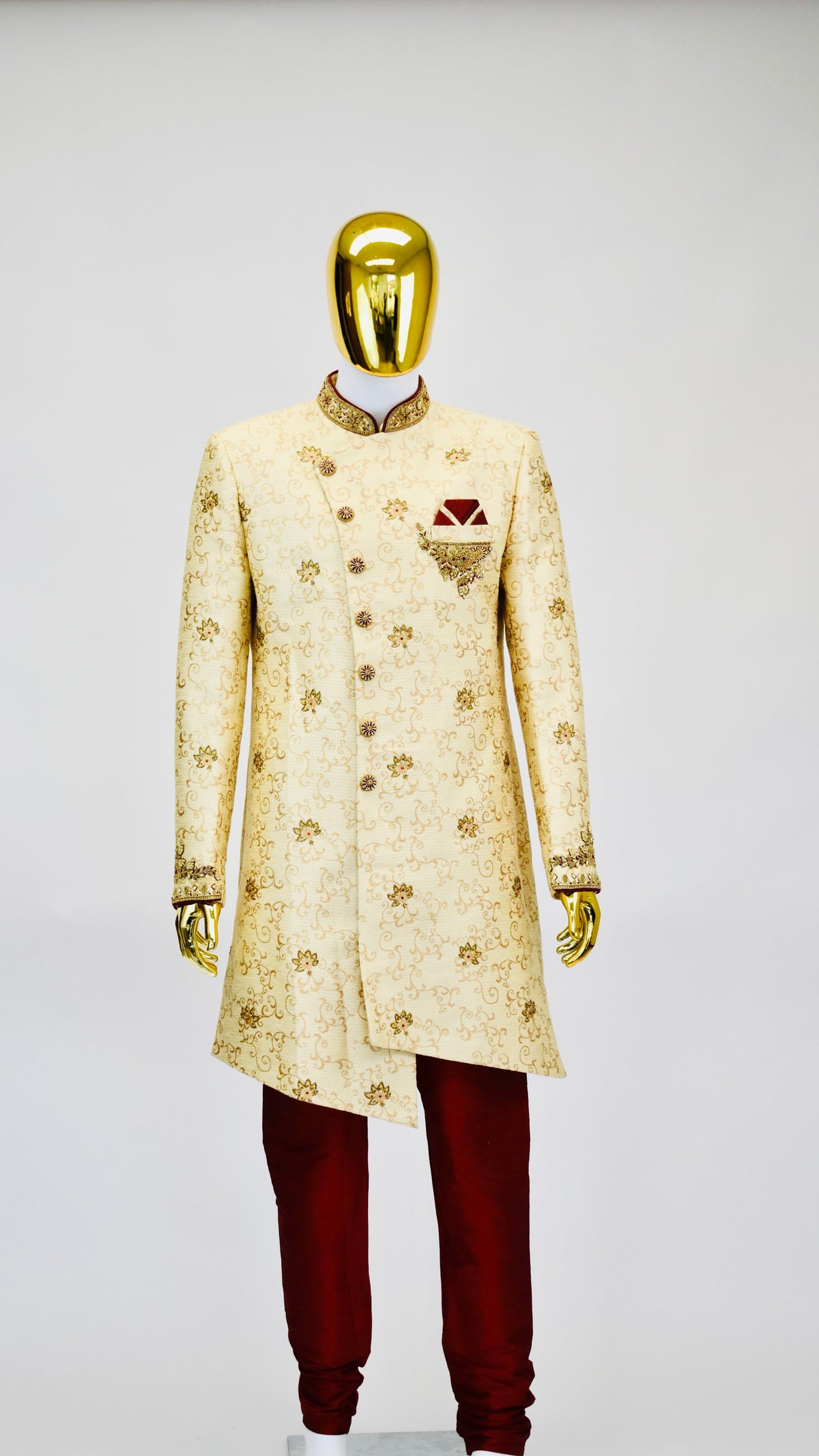 Gold &amp; Maroon Color Sherwani Set