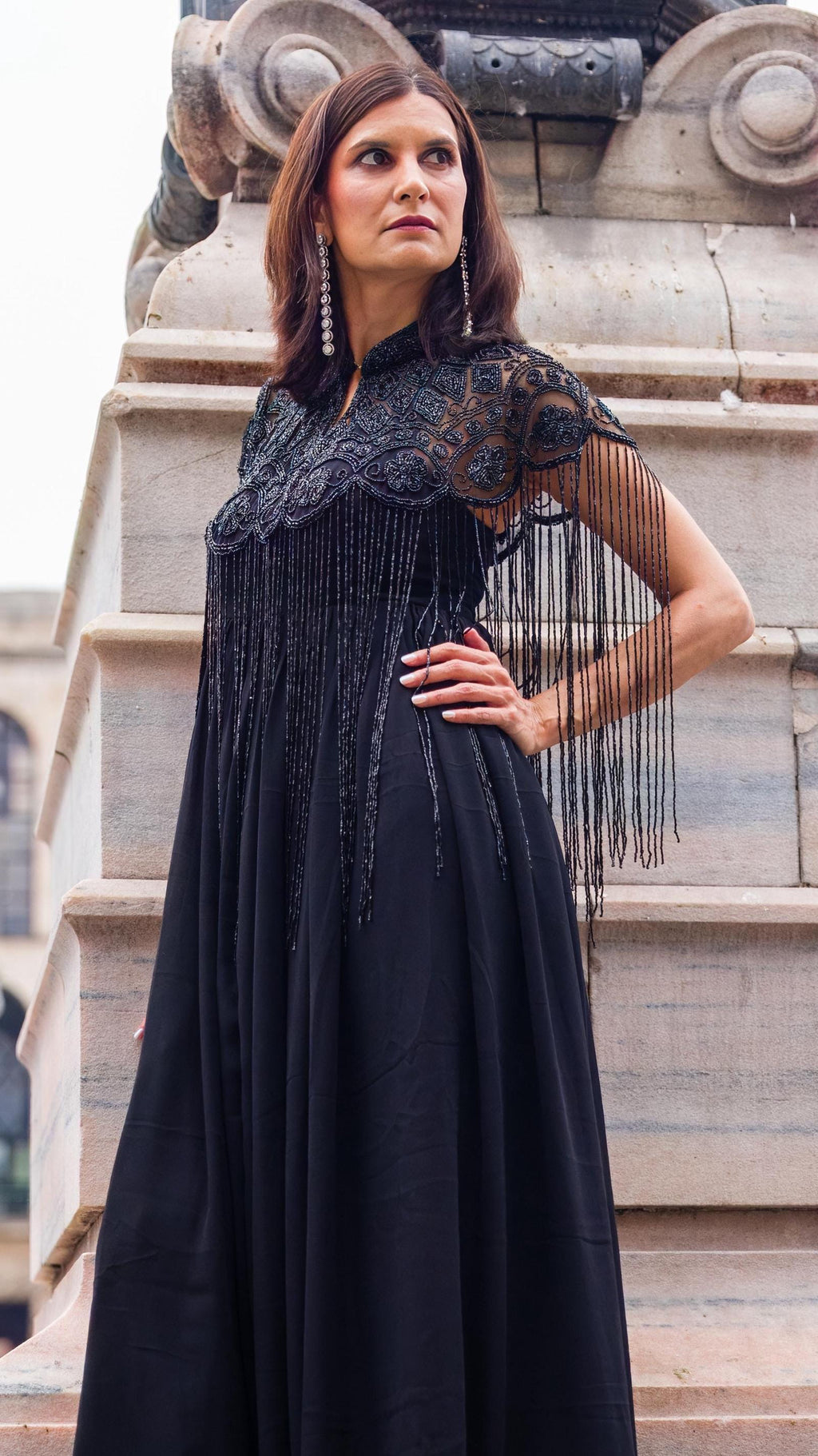 Black Ivory Beaded Tulle Cape With Gown