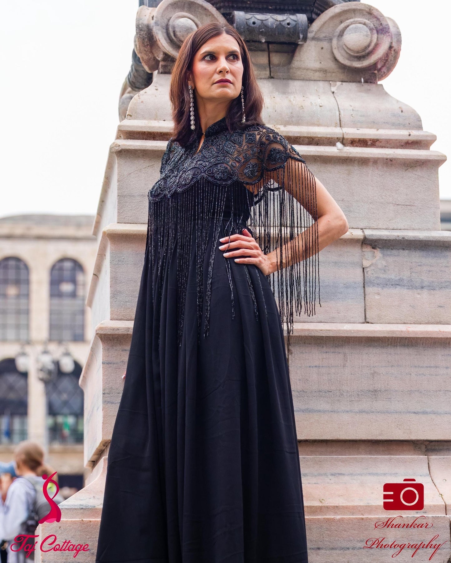 Black Ivory Beaded Tulle Cape With Gown
