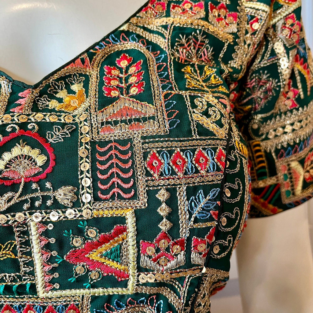 Green Embroidered Blouse with Tassels