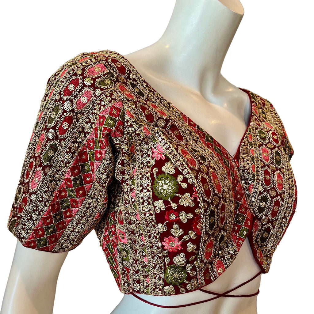Maroon Embroidered Blouse with Tassels