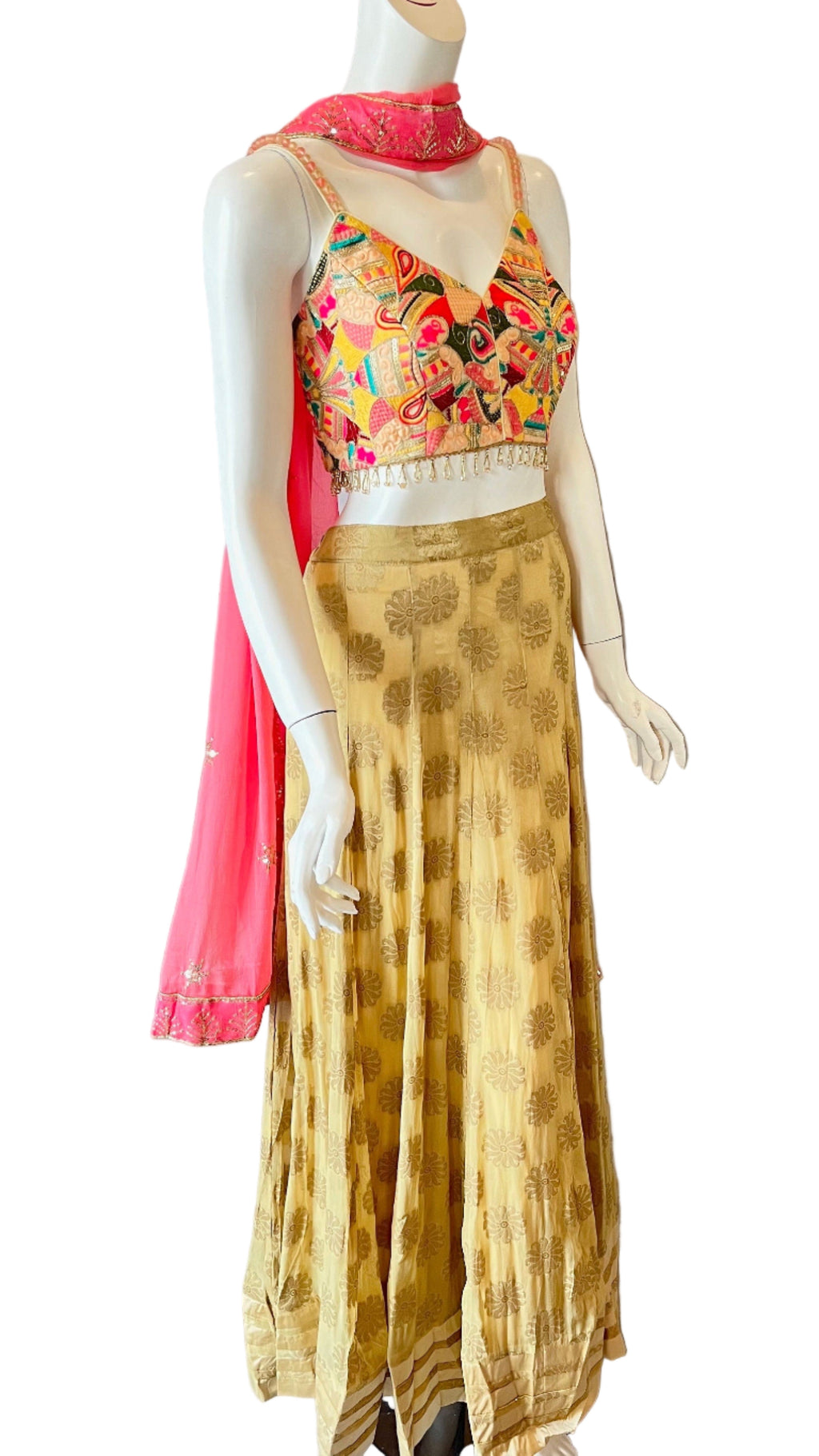 Gold & Pink Lehnga with Beaded Trim