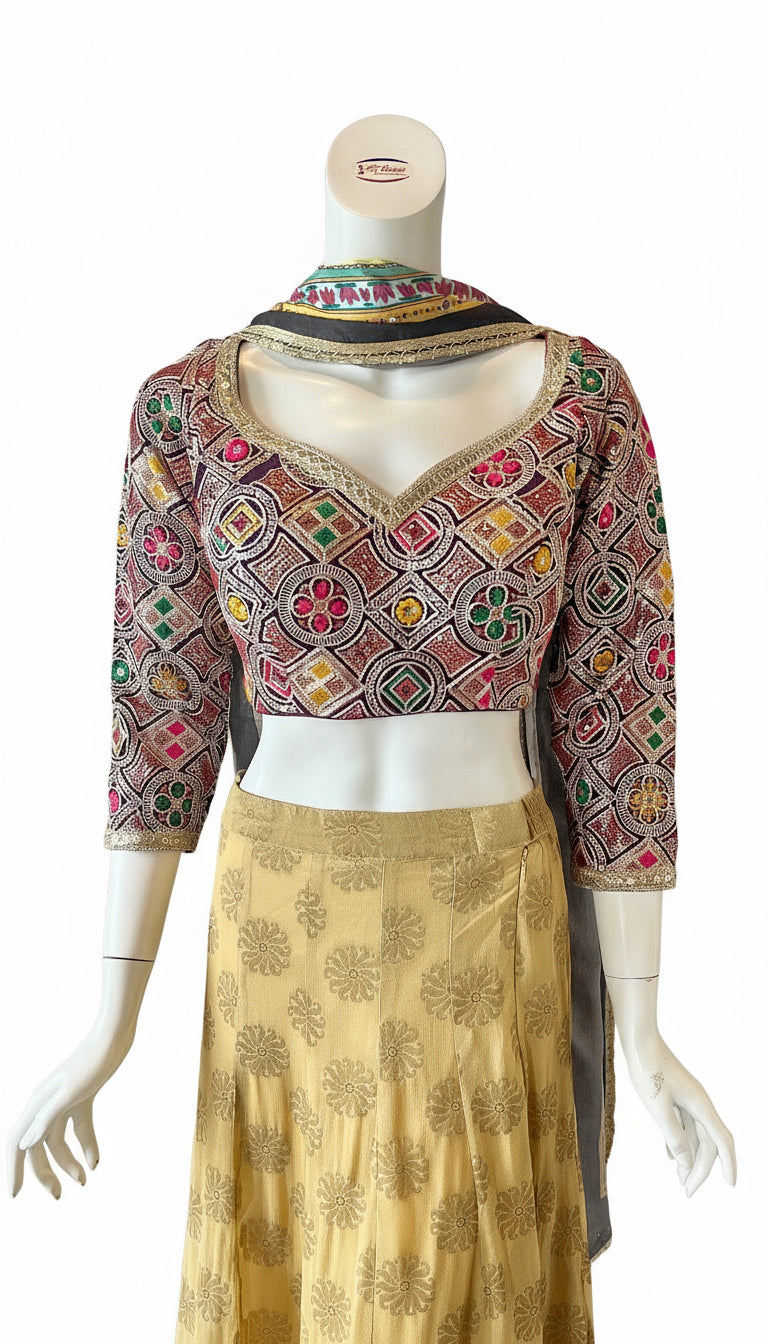 Gold & Purple Multi-Color Embroidered Lehnga