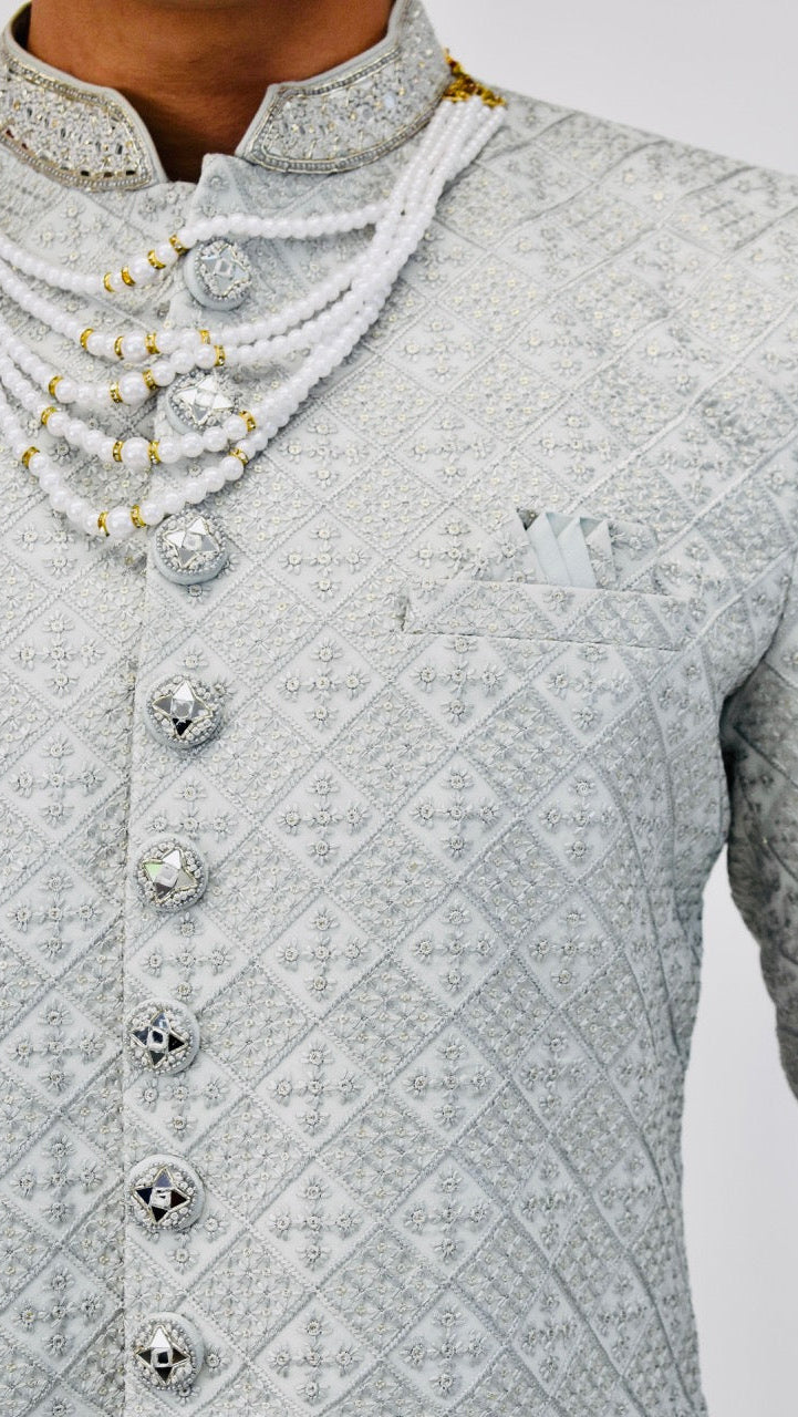 Light Grey Sherwani Set with Pearls