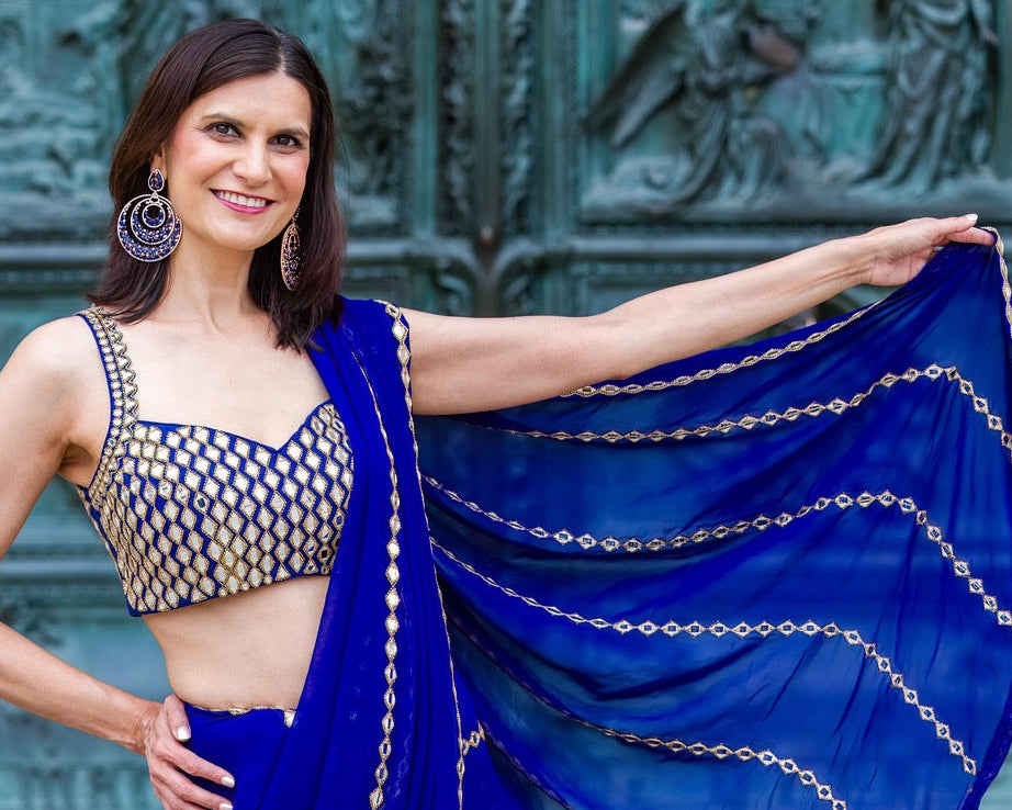 Blue & Gold Mirror Ready-made Saree