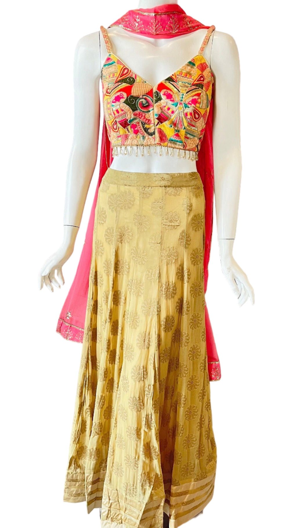 Gold & Pink Lehnga with Beaded Trim