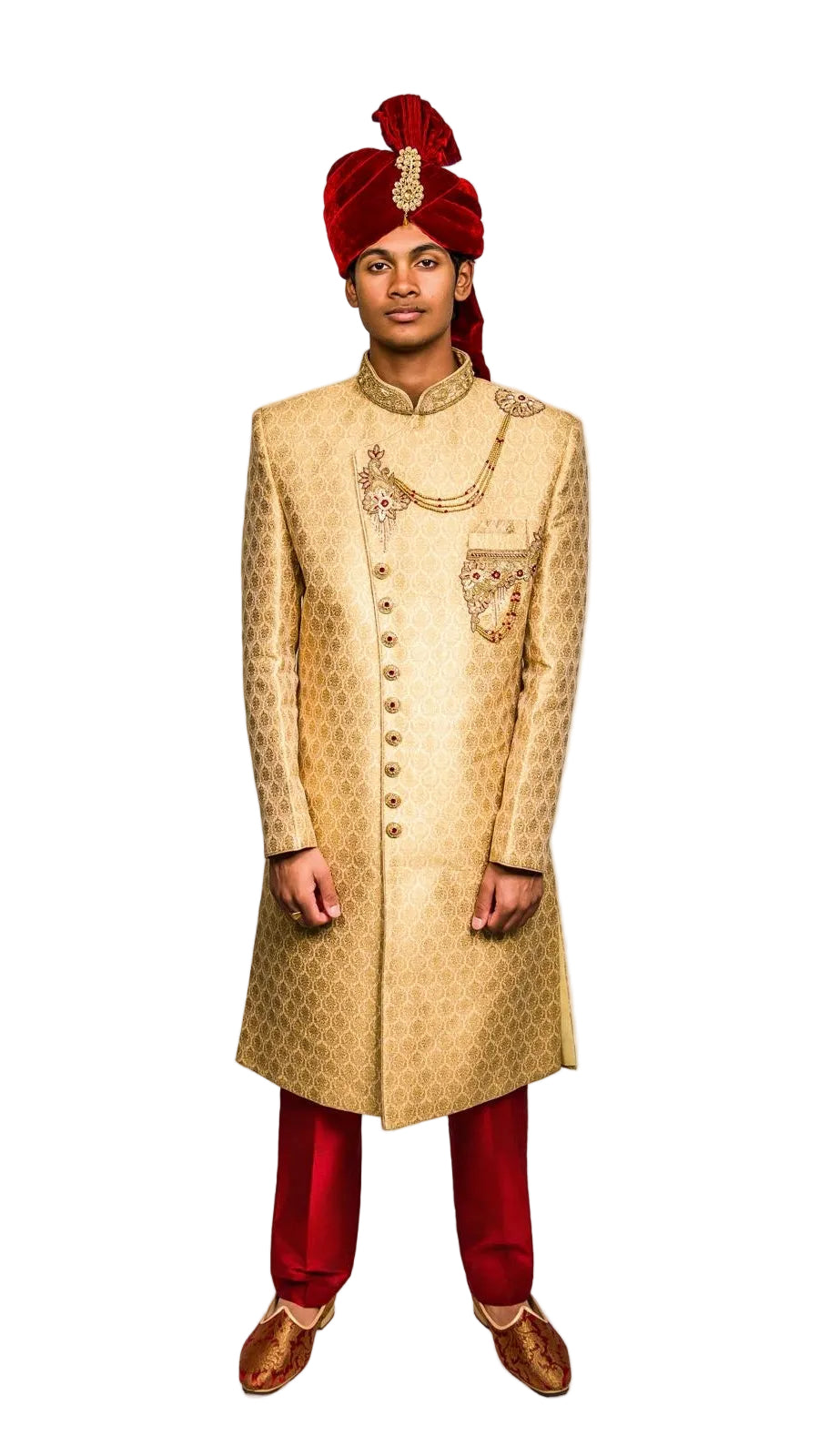 Gold &amp; Maroon Color Sherwani Set