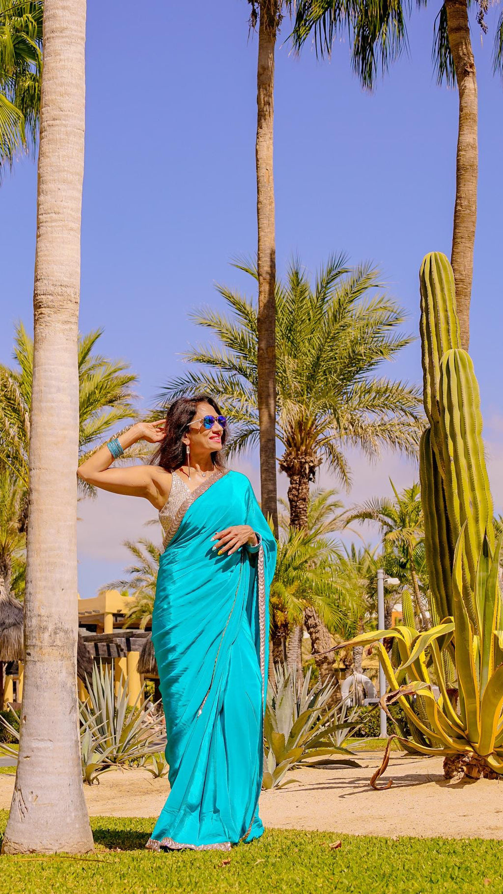 Cyan Crepe Readymade Saree