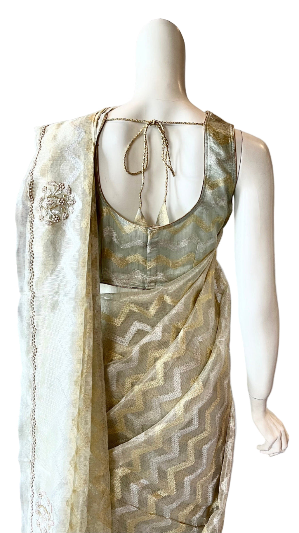 Grey and Gold Color Tissue Silk Saree