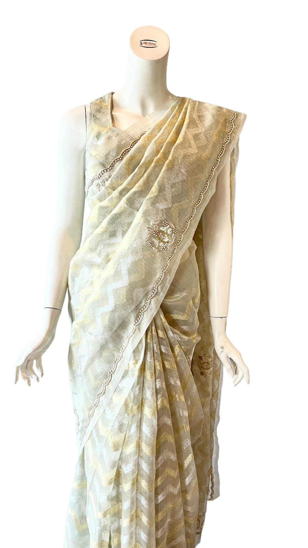 Grey and Gold Color Tissue Silk Saree