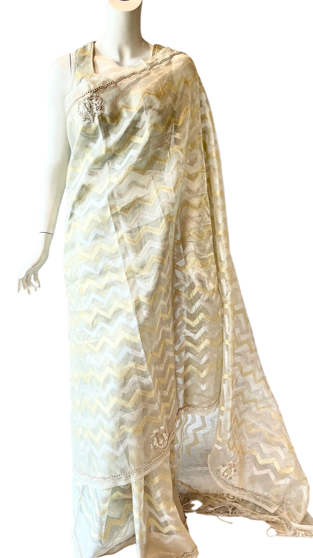 Grey and Gold Color Tissue Silk Saree