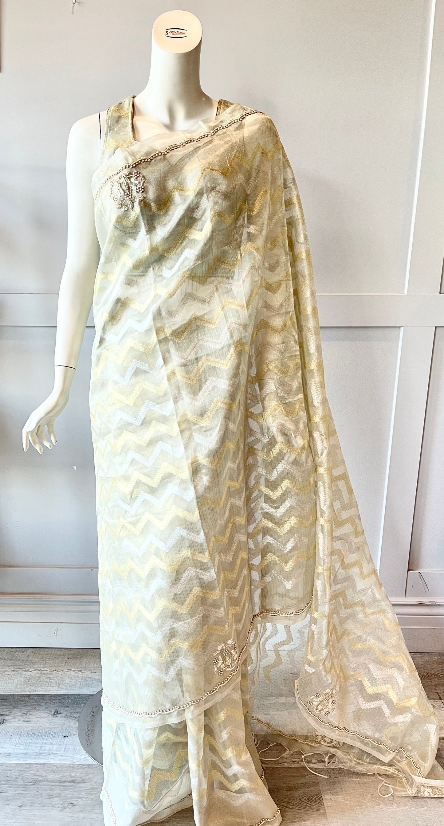 Grey and Gold Color Tissue Silk Saree