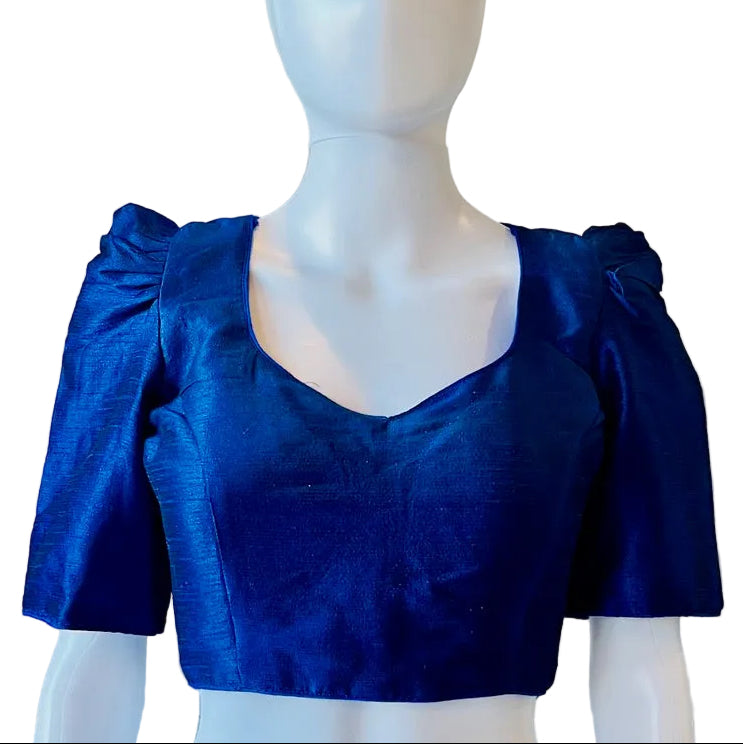 Blue Silk Blouse with Gathered Sleeves