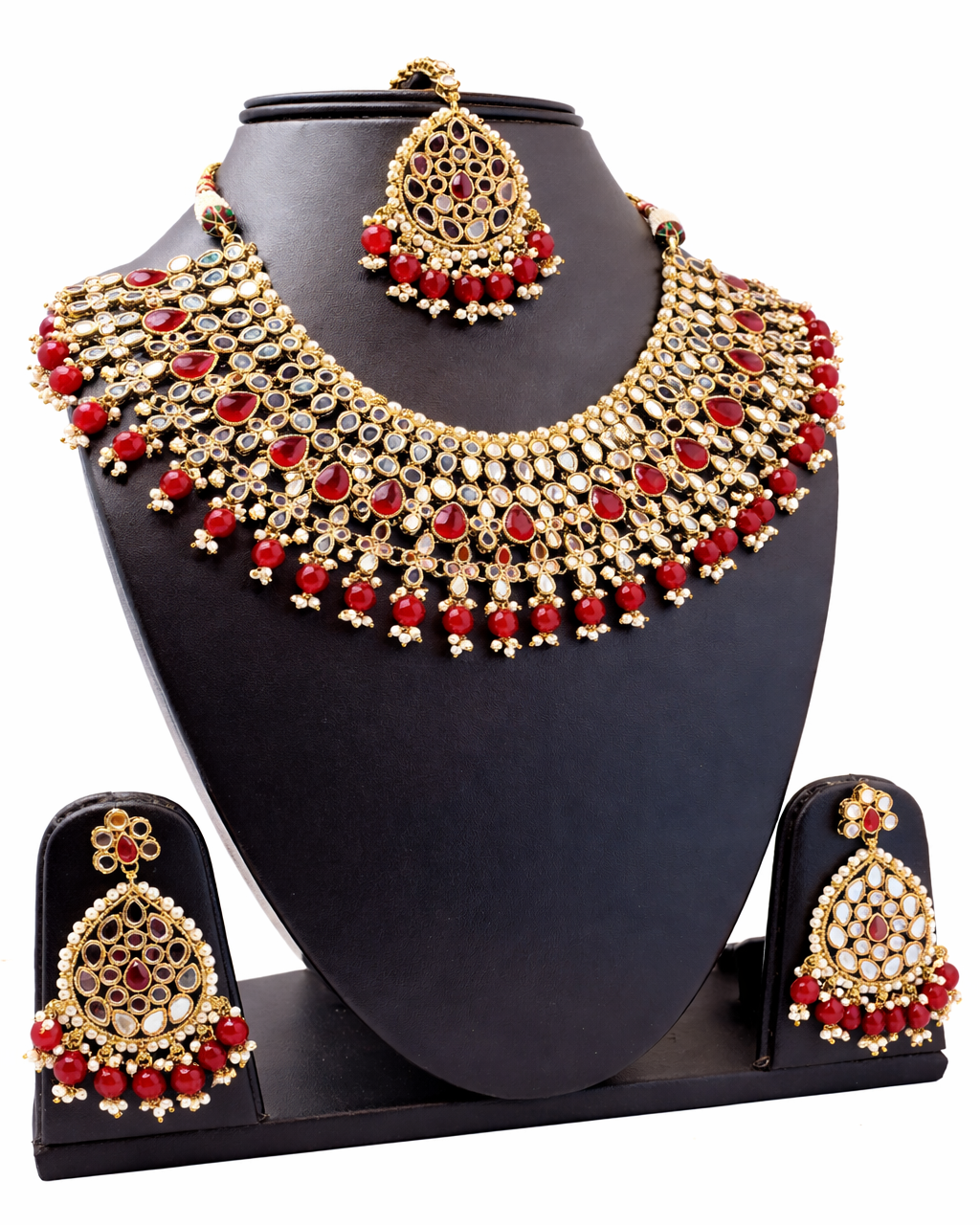 Gold Mirror With Red Kundan Set
