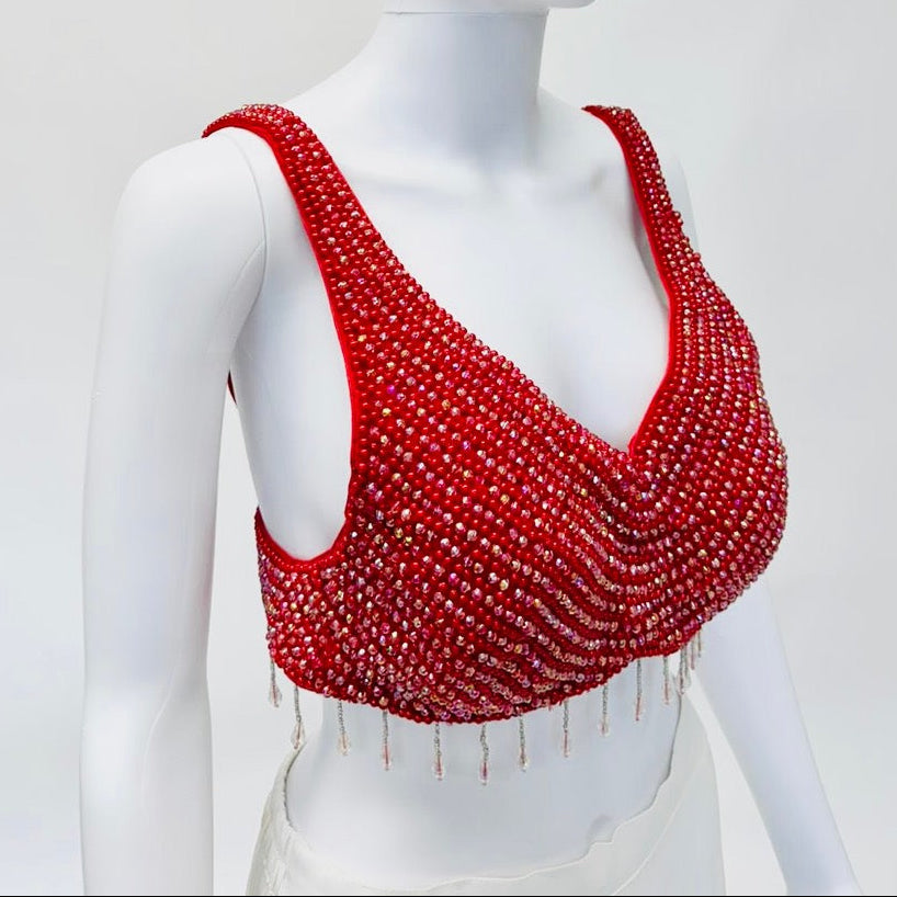 Red Color Rhinestone Blouse