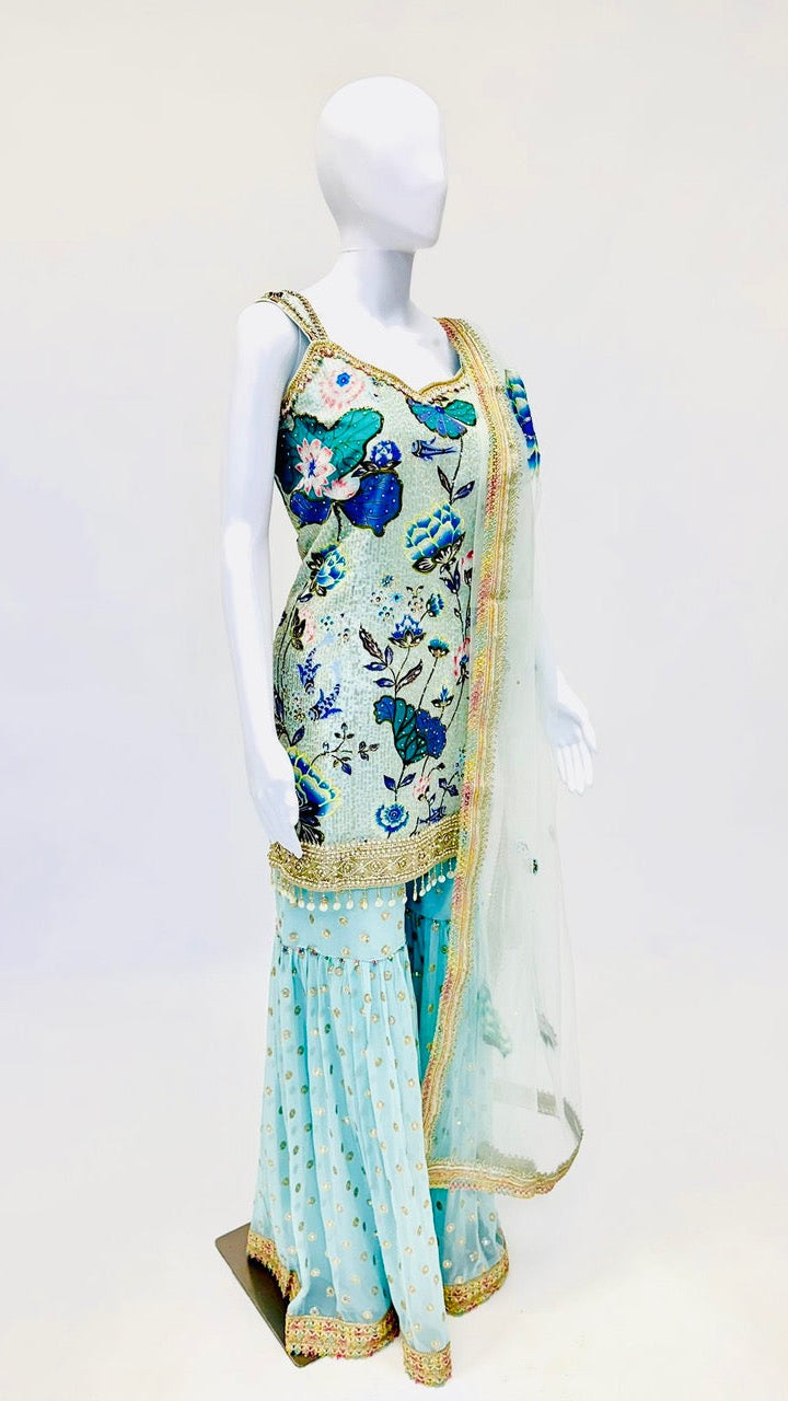 Light Blue Multi-Color Sharara Suit