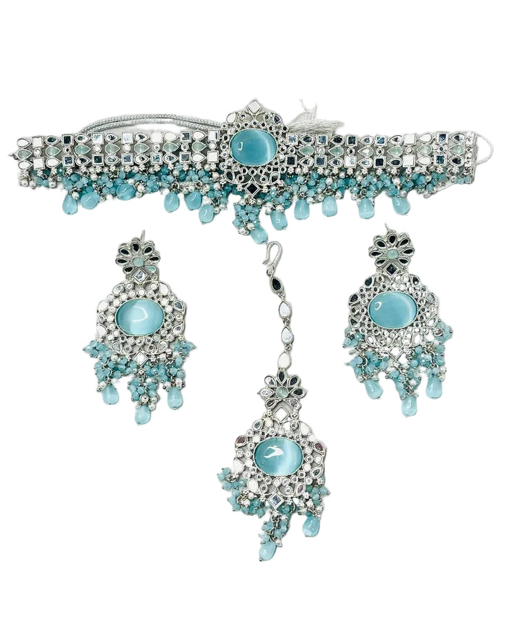 Sky Blue Kundan Choker Necklace Set