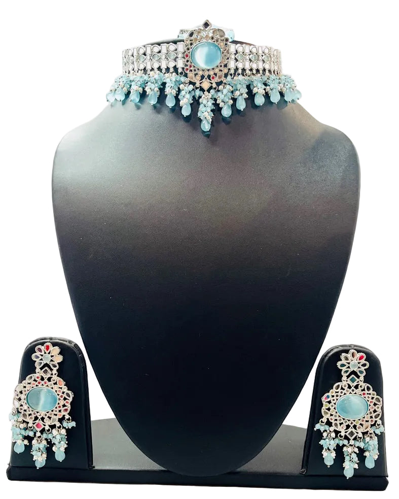 Sky Blue Kundan Choker Necklace Set