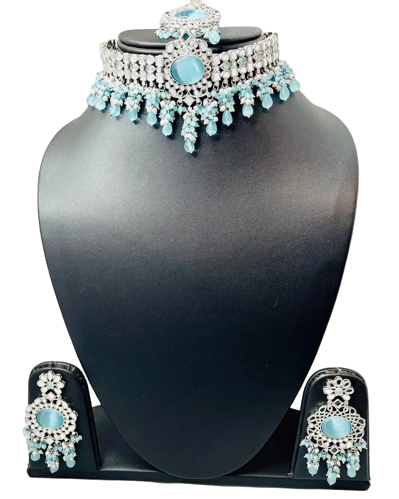 Sky Blue Kundan Choker Necklace Set