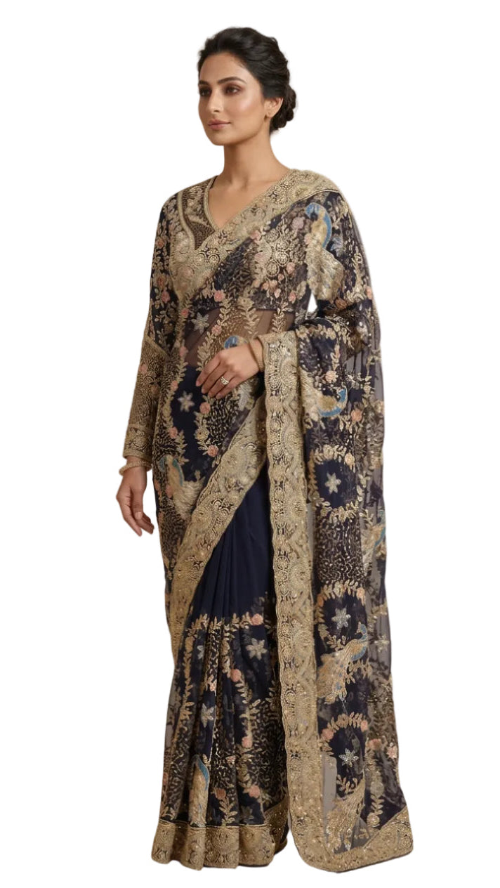 Navy-Blue Color Net Saree