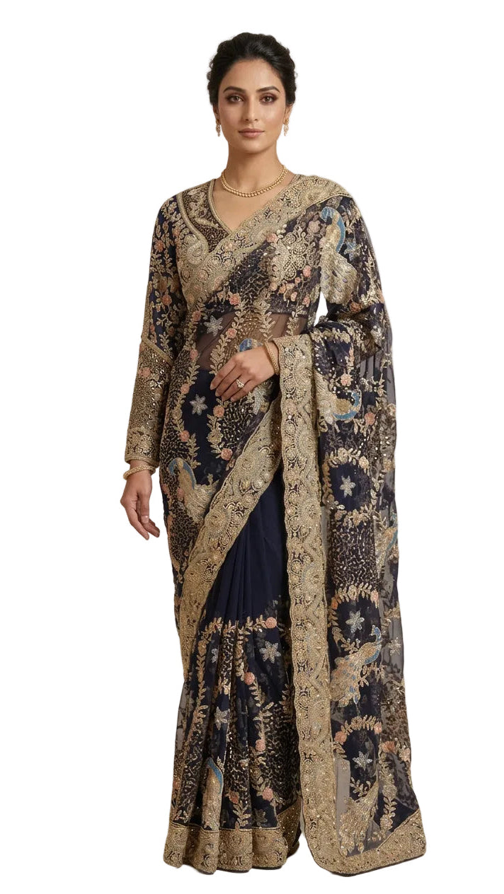 Navy-Blue Color Net Saree