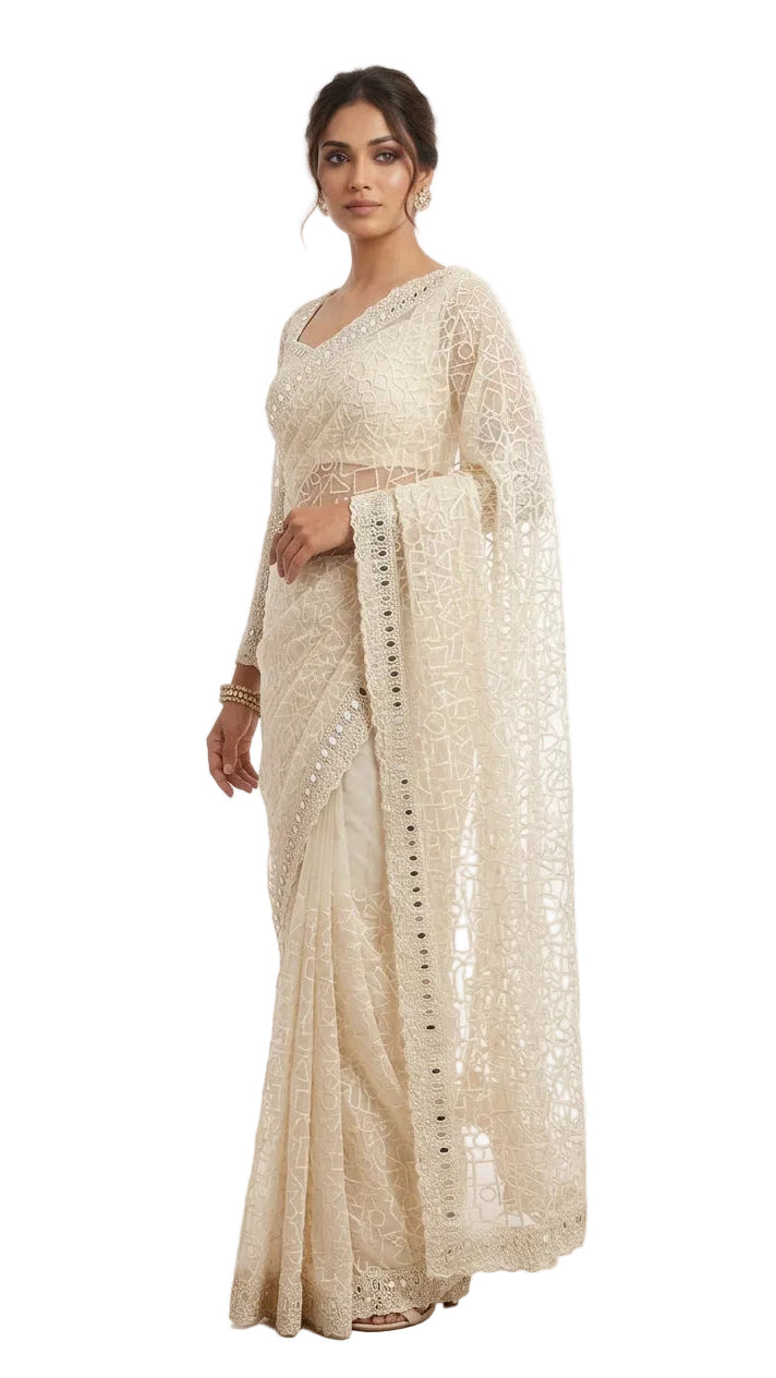 Cream Color Net Saree