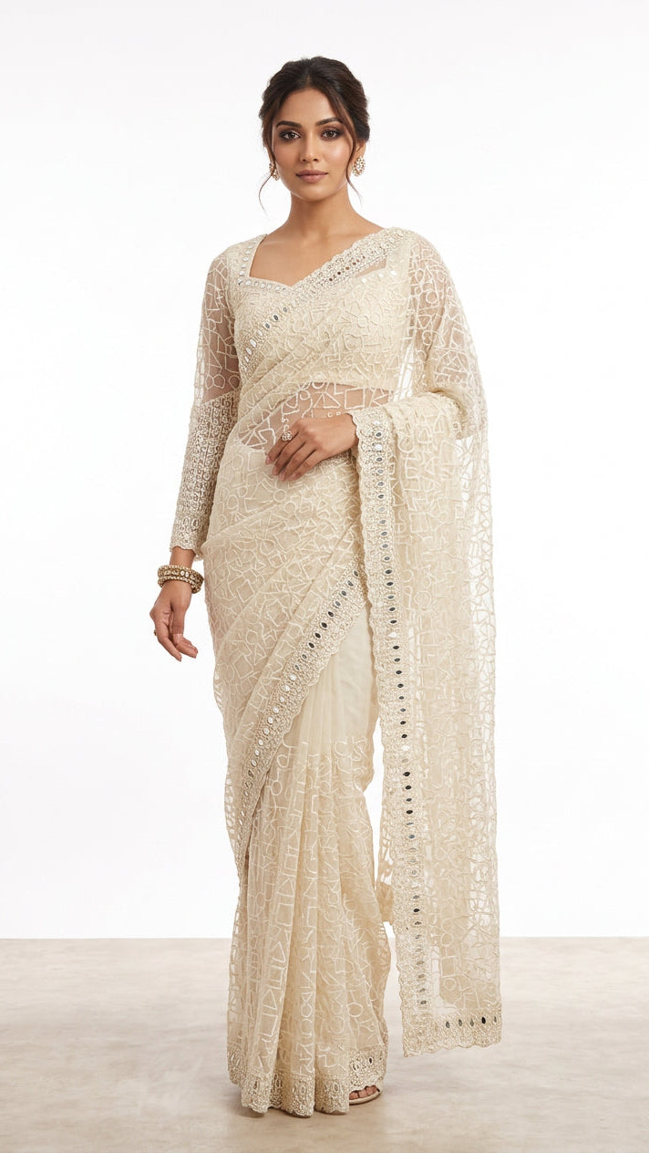 Cream Color Net Saree