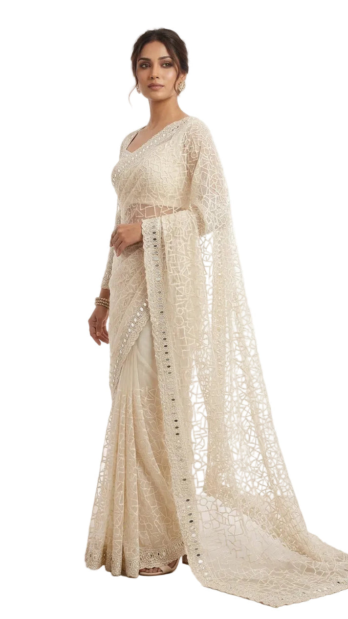 Cream Color Net Saree