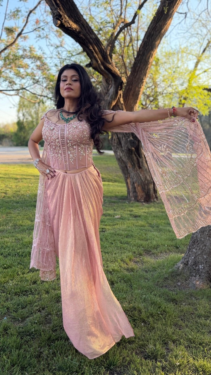 Peach Indo-Western Corset With Skirt