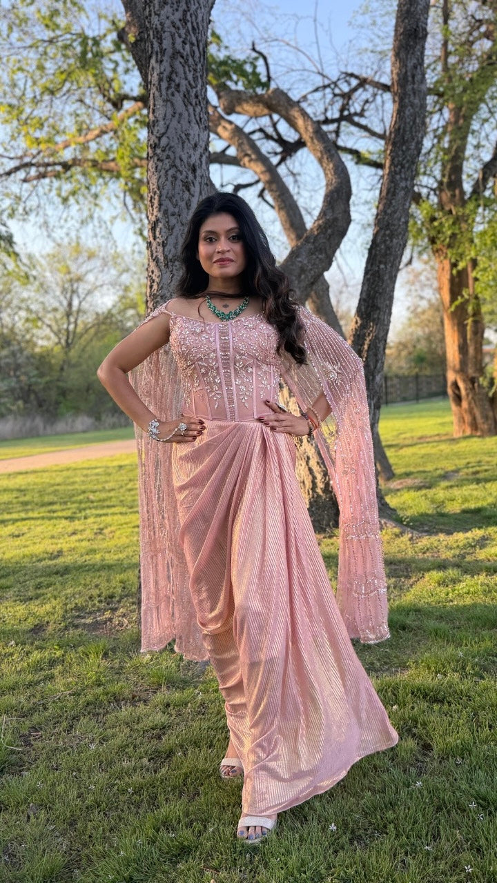 Peach Indo-Western Corset With Skirt