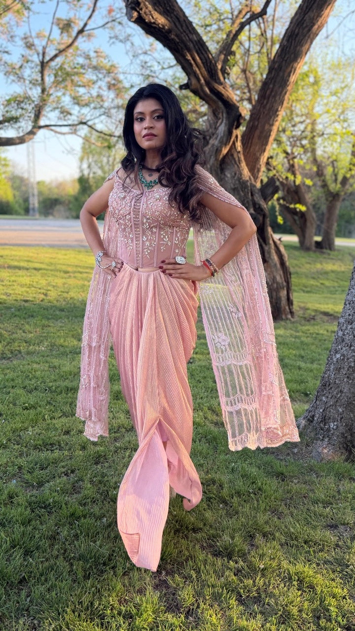 Peach Indo-Western Corset With Skirt