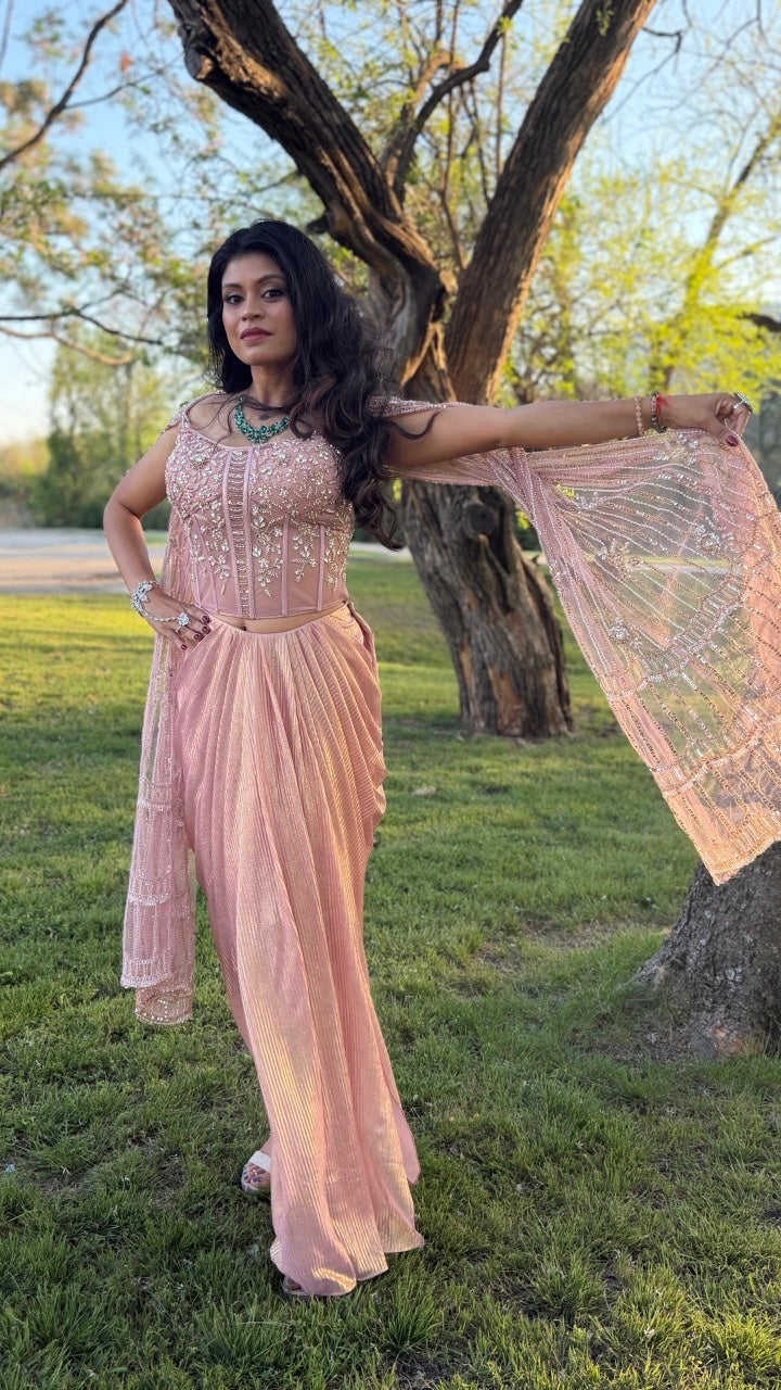 Peach Indo-Western Corset With Skirt