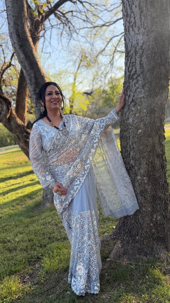Sky-Blue Net Embroidered Saree