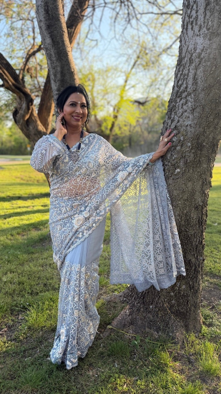 Sky-Blue Net Embroidered Saree