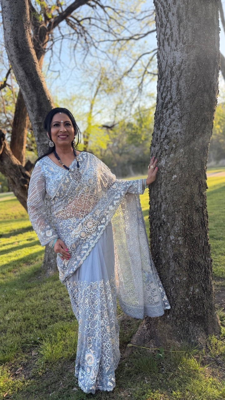 Sky-Blue Net Embroidered Saree
