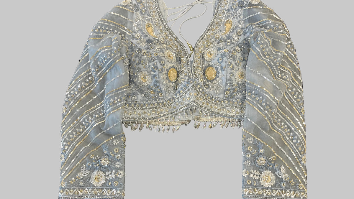 Sky-Blue Net Embroidered Saree