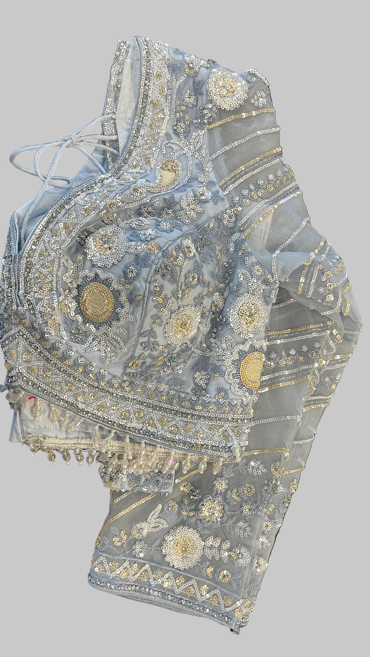 Sky-Blue Net Embroidered Saree