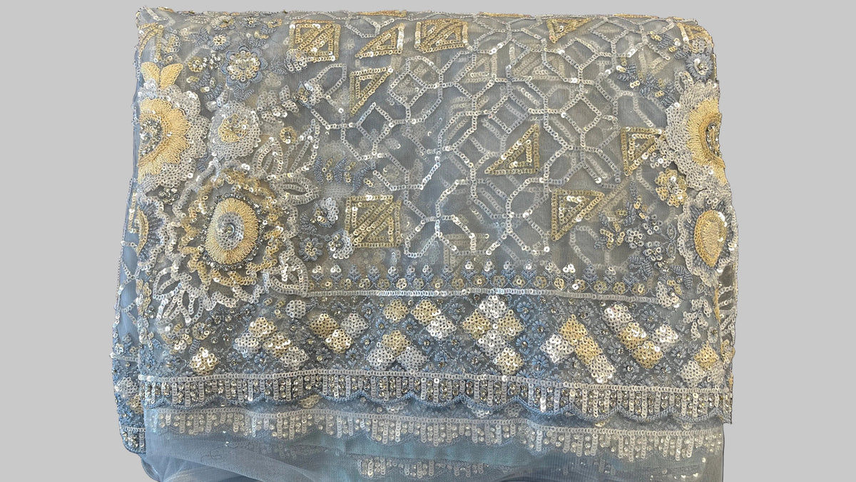Sky-Blue Net Embroidered Saree