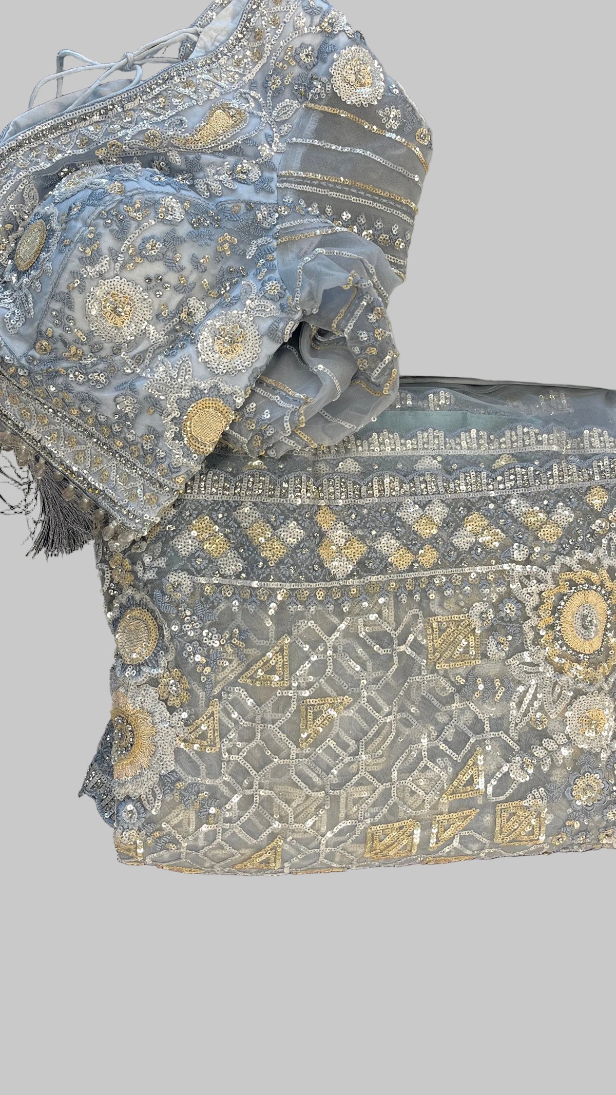 Sky-Blue Net Embroidered Saree