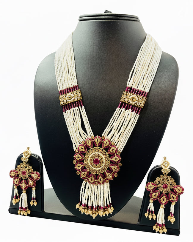 White Beads American Diamond Necklace Set