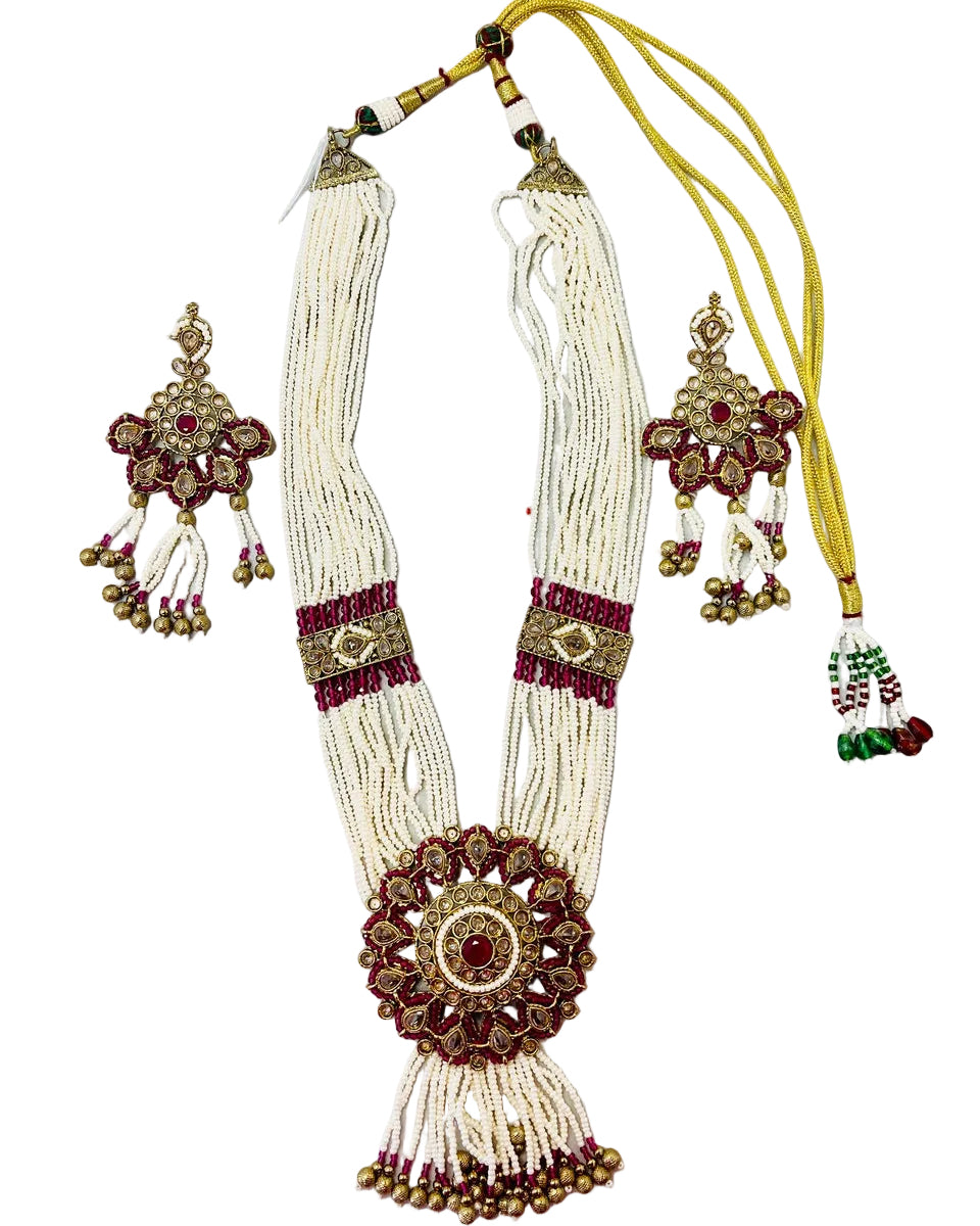 White Beads American Diamond Necklace Set